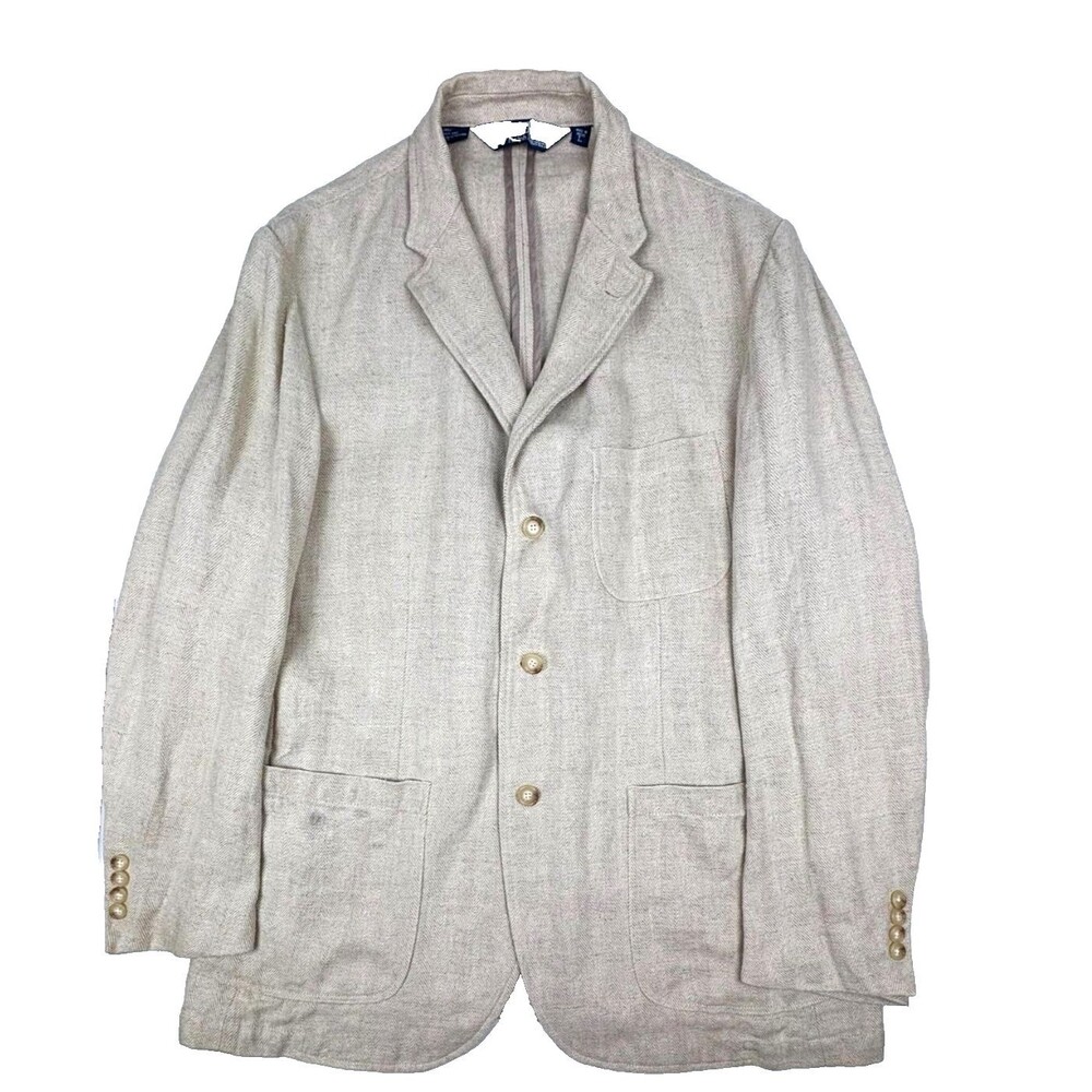 VTG Men’s Size L Polo Ralph Lauren 100% Linen Blazer Khaki Lightweight Old Money
